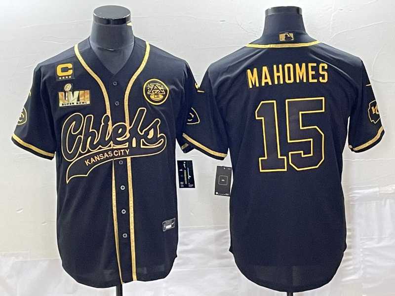 Men%27s Kansas City Chiefs #15 Patrick Mahomes Black Gold C Patch Super Bowl LVII Cool Base Stitched Baseball Jersey